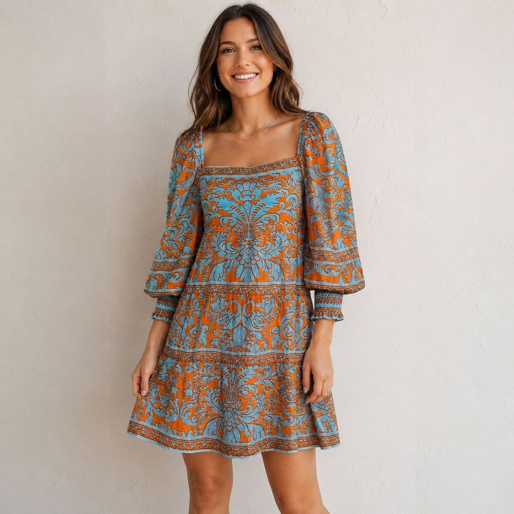 Alice + Olivia Rowen Babydoll Dress Blue Orange Silk Cotton Tie Back Size Medium